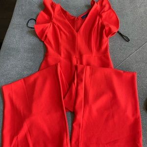 Wide leg, red jumpsuit.